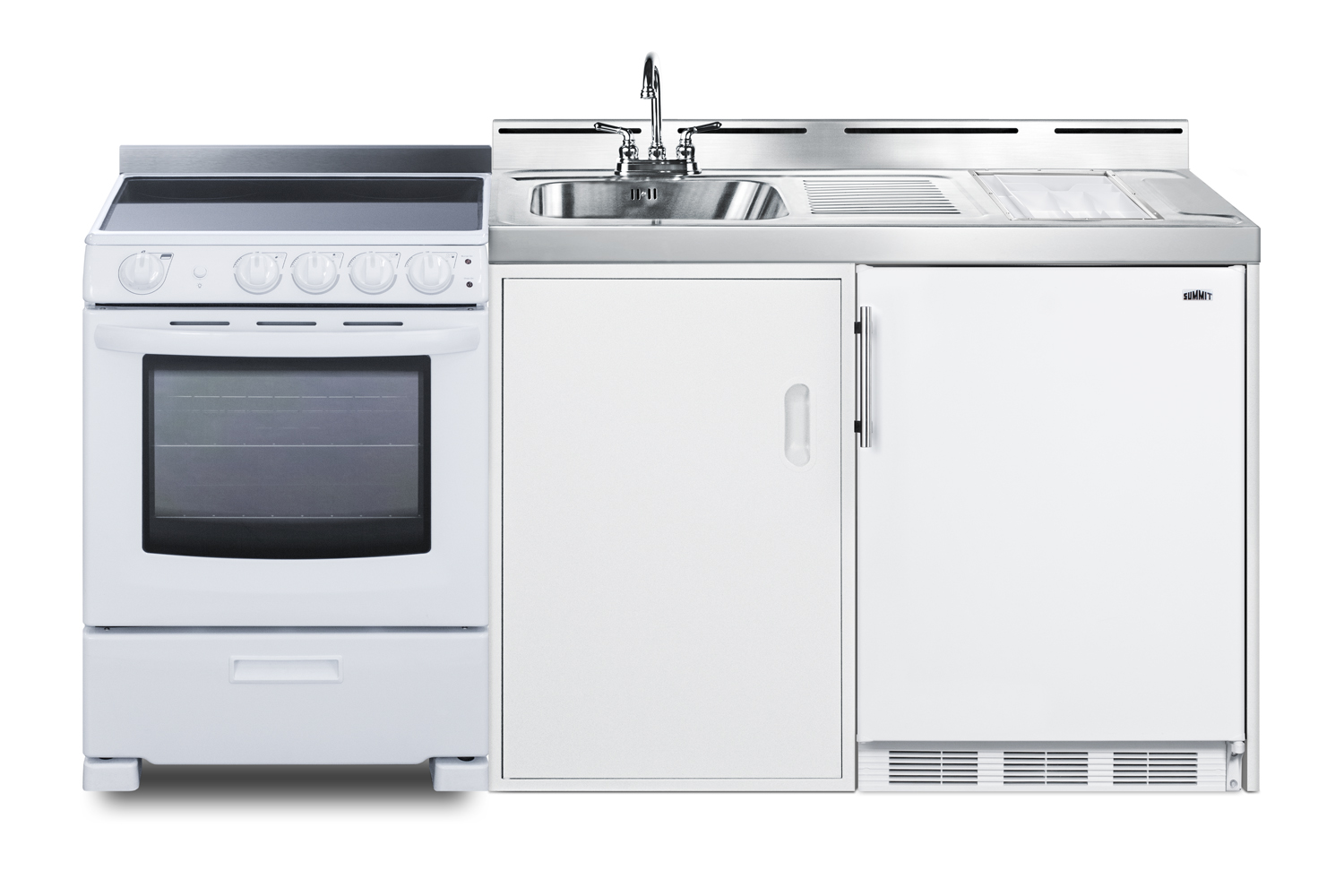 72 inch wide all-in-one kitchenette with 4-burner 220V smooth-top electric range, refrigerator-freezer, sink, cutting board and cutlery storage, and a storage cabinet